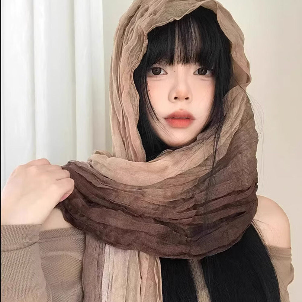民族风围巾废土风亚麻褶皱渐变头巾沙漠丝巾凹造型辣妹围脖披肩