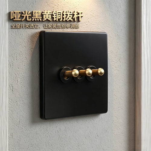 汉顿BE黑色北欧黄铜拨杆开关插座家用五孔面板家装复古仿古开关86