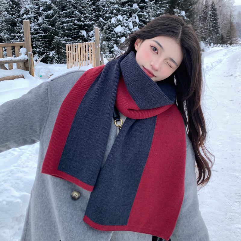 高级感洋气时尚拼色百搭围巾女秋冬保暖长款情侣韩版条纹新款围脖