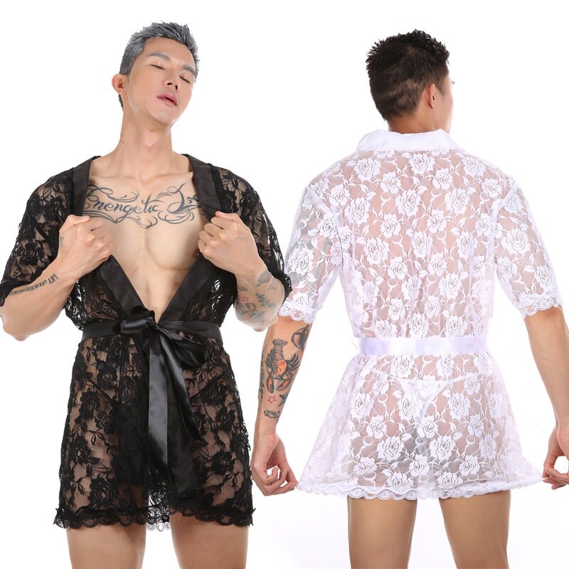男士超性感透视诱惑情趣睡袍蕾丝透明丁字裤浴袍居家服套装