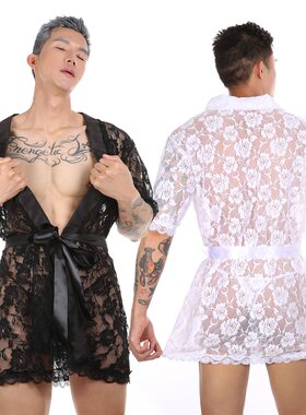 男士超性感透视诱惑情趣睡袍蕾丝透明丁字裤浴袍居家服套装