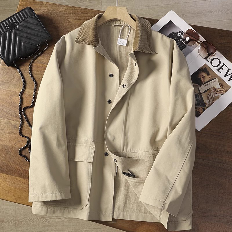 高端款秋冬季灯芯绒翻领中长款工装风衣宽松夹克外套女dm1018