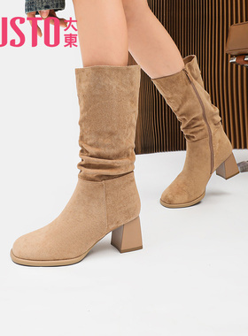 大东中筒靴女鞋冬款时尚舒适方头侧拉链高跟堆堆靴0001