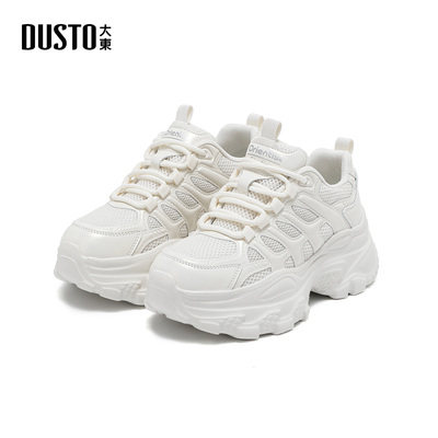 大东S厚底老爹鞋2026年春季女鞋新款平底高跟圆头系带拼贴1382A