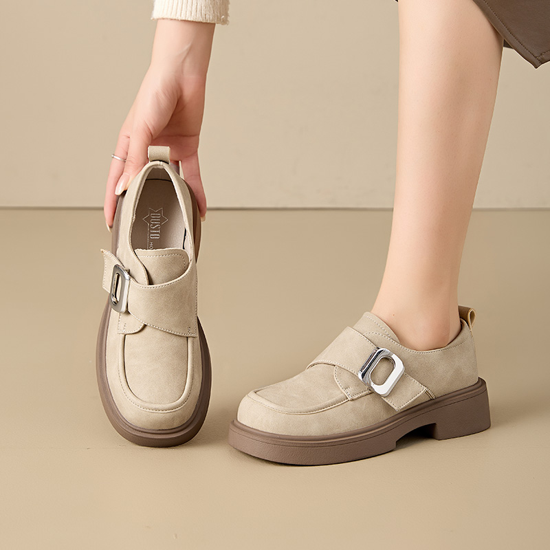 乐福鞋魔术贴粗跟中跟圆头