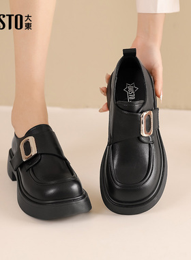 大东乐福鞋女鞋2026春季新款休闲厚底魔术贴小皮鞋皮带扣单鞋0117