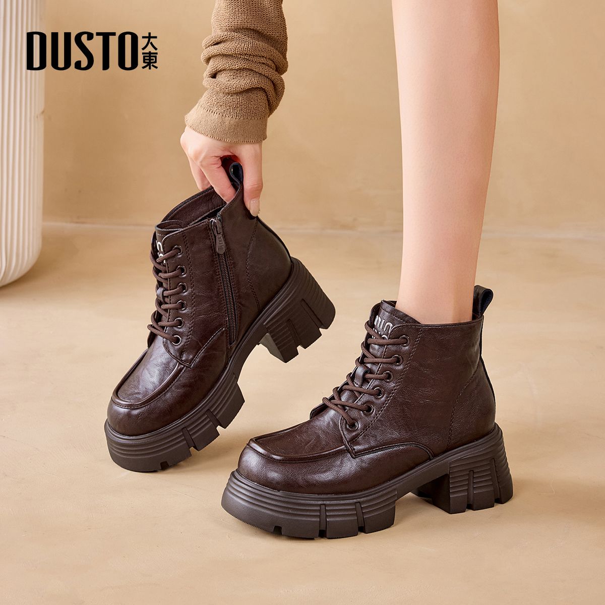 大东S圆头粗跟女靴马丁靴2026冬季新款女鞋粗跟女低筒靴靴子棉鞋