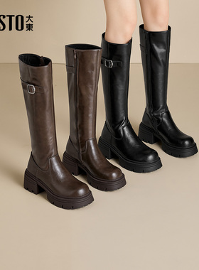 大东骑士靴女鞋2025年冬新款粗跟高跟圆头厚底加绒长筒靴002296E