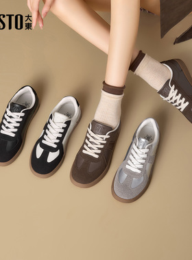 大东德训鞋女鞋2025秋季新款休闲平底低跟圆头系带材质拼贴Q7745