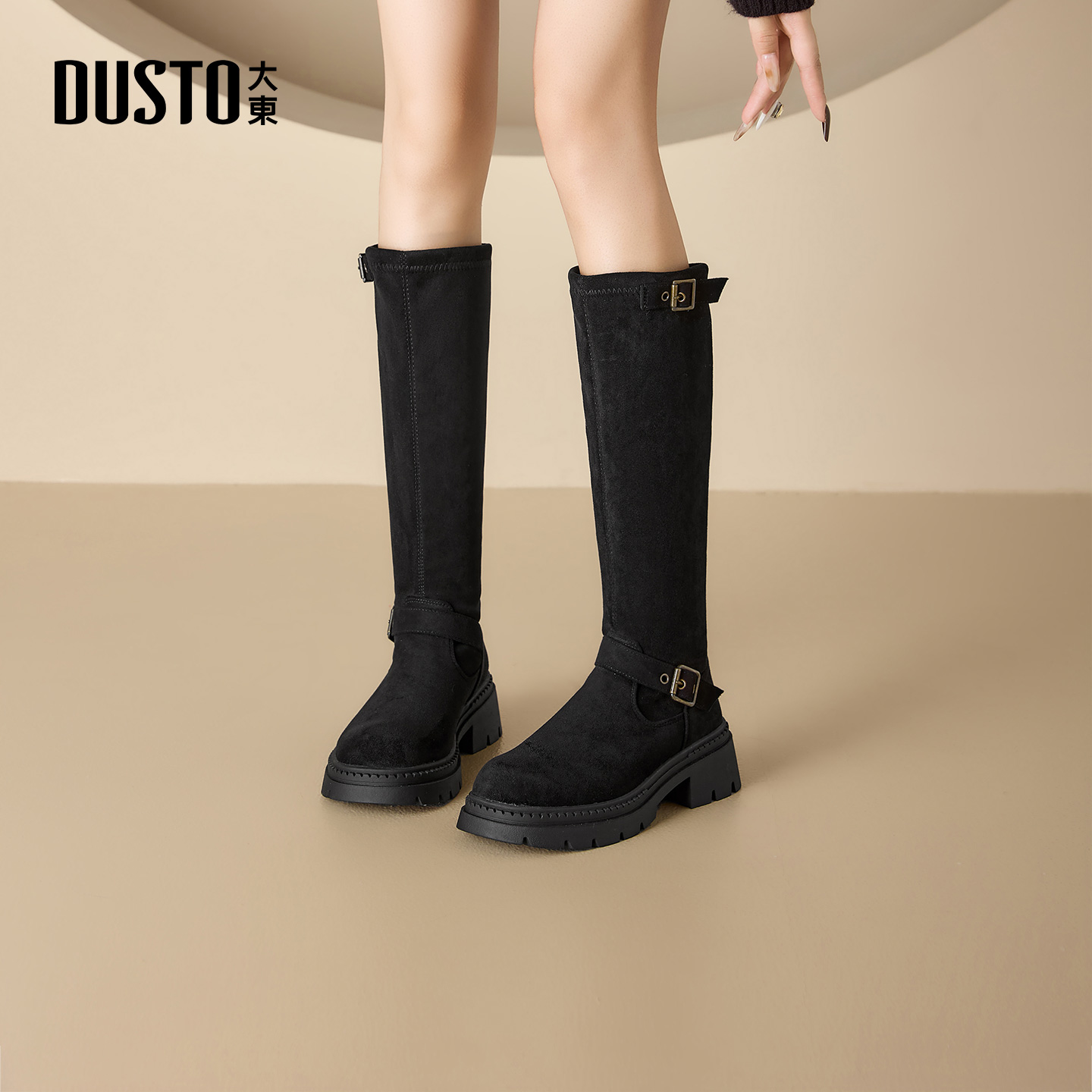 大东dd黑色长筒靴女2025新款冬季高筒女靴时尚显瘦厚底骑士靴子女