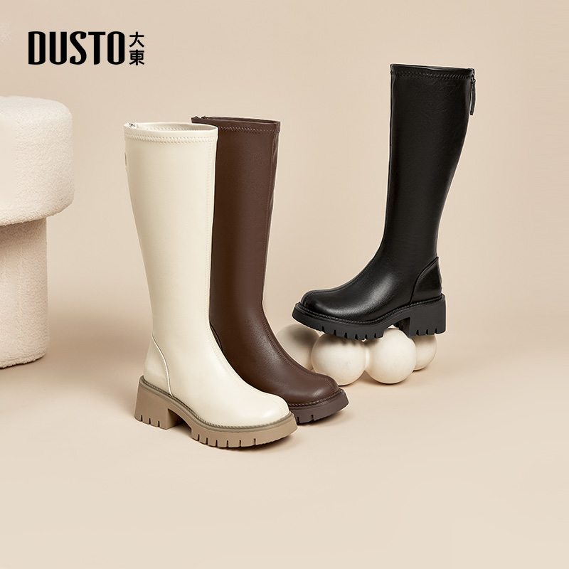 大东欧美长筒靴粗跟后拉链