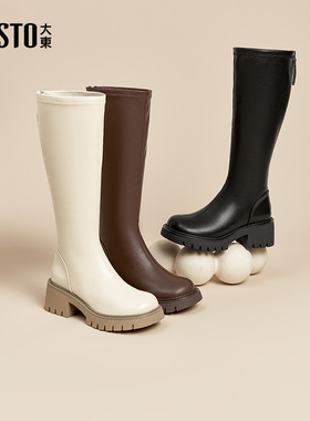 大东长筒靴女鞋冬季欧美时尚高跟粗跟圆头后拉链鞋0683