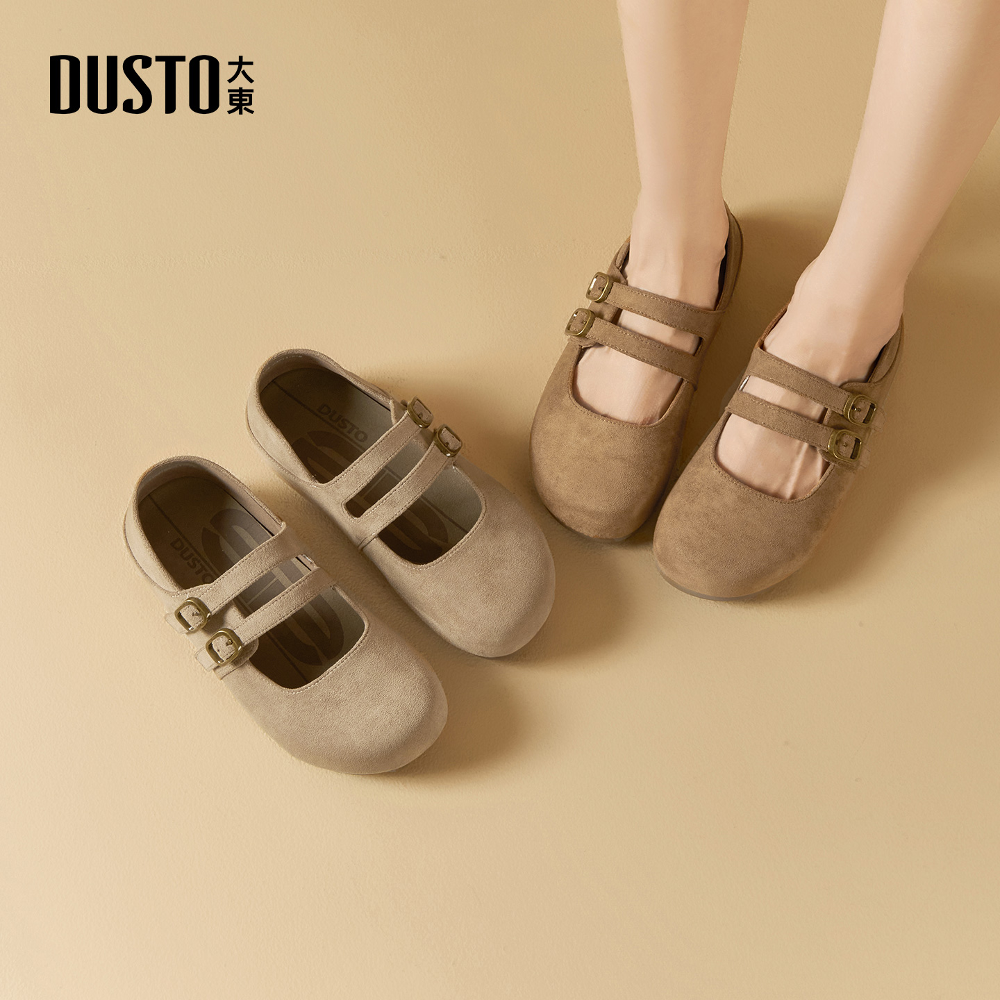 大东玛丽珍鞋女鞋2026春季新款复古平底中跟套脚圆头饰扣C0113