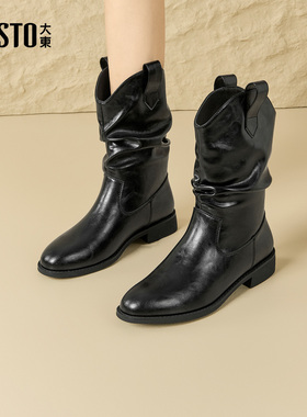 大东dd短靴女2025冬季新款女靴气质尖头美拉德堆堆靴牛仔骑士靴女