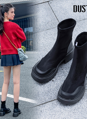 大东袜靴女鞋2025冬季新款英伦风厚底粗跟高跟黑色爆款瘦瘦靴0118