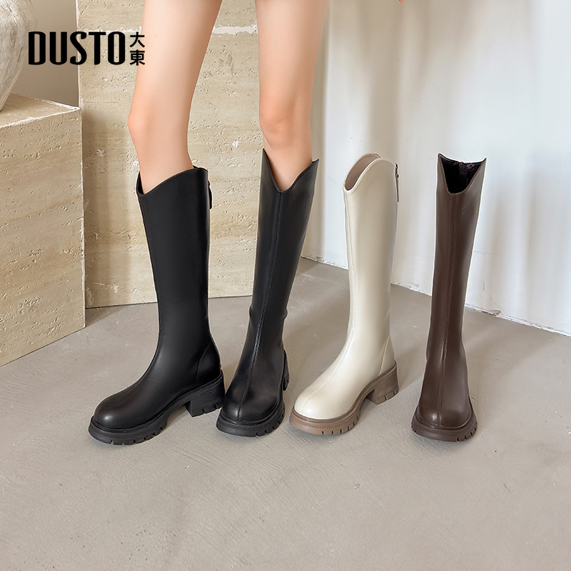 大东后拉链粗跟中跟骑士靴