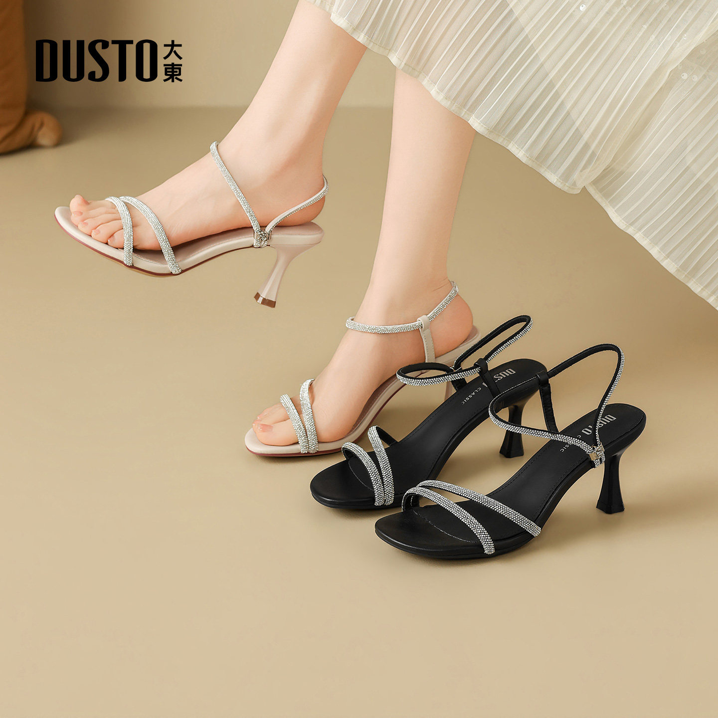 大东绑带凉鞋女鞋2026年夏季新款简约细跟高跟露趾烫钻外穿时装鞋