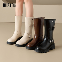 大东骑士靴女鞋2025冬季新款简约高跟粗跟圆头后拉链中筒靴D0159