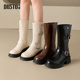 新款 大东骑士靴女鞋 2025冬季 简约高跟粗跟圆头后拉链中筒靴D0159