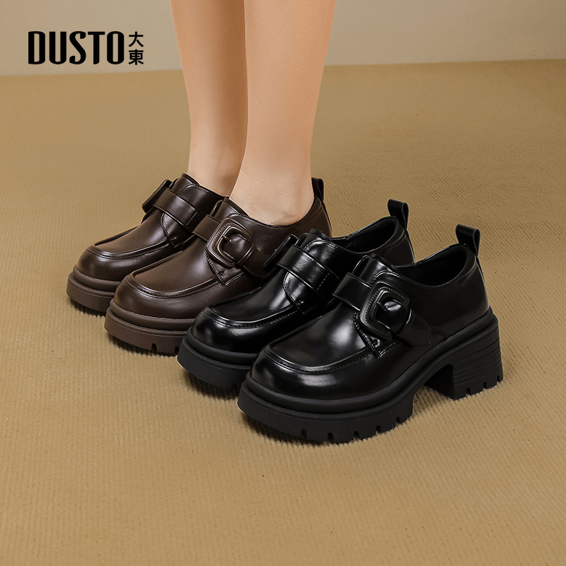 大东乐福鞋女鞋2025春秋季新款简约粗跟高跟魔术贴圆头饰扣Q0623