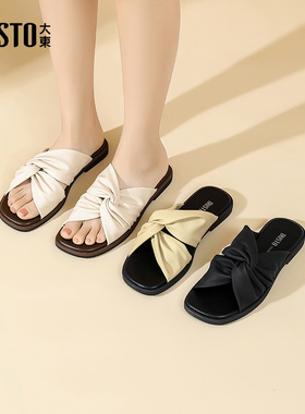 大东时装拖鞋女鞋2025夏季新款低跟软底舒适透气黑色女士凉拖0199