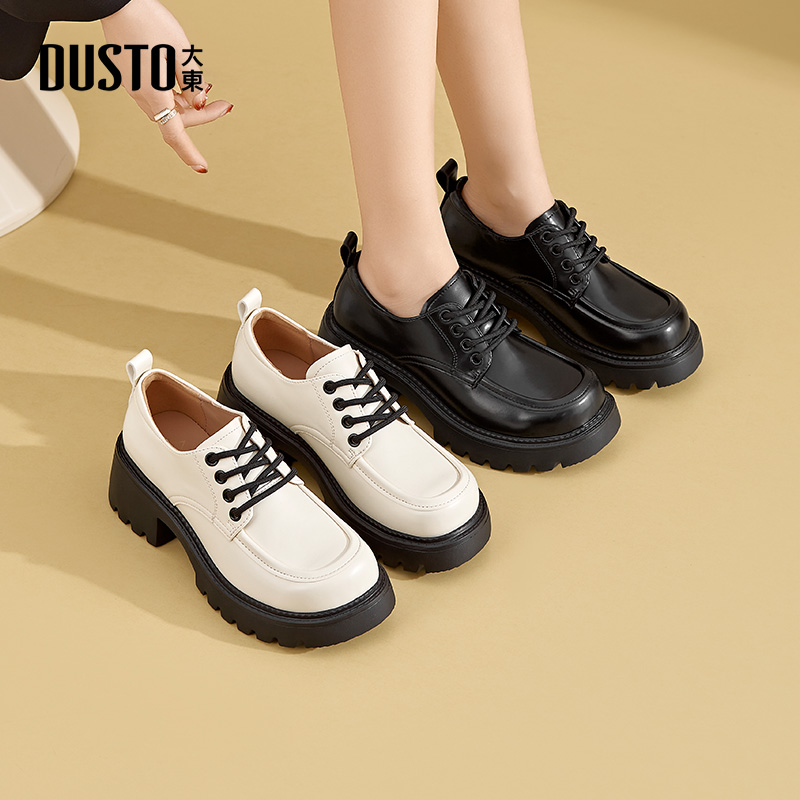 大东乐福鞋女鞋2025秋季新款粗跟高跟系带圆头结构变化简约Q0118