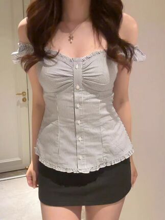 Blue Striped Puff Short-Sleeve Shirt Top for Women, Summer French Sweet Style, Slim Fit, Short T-Shirt