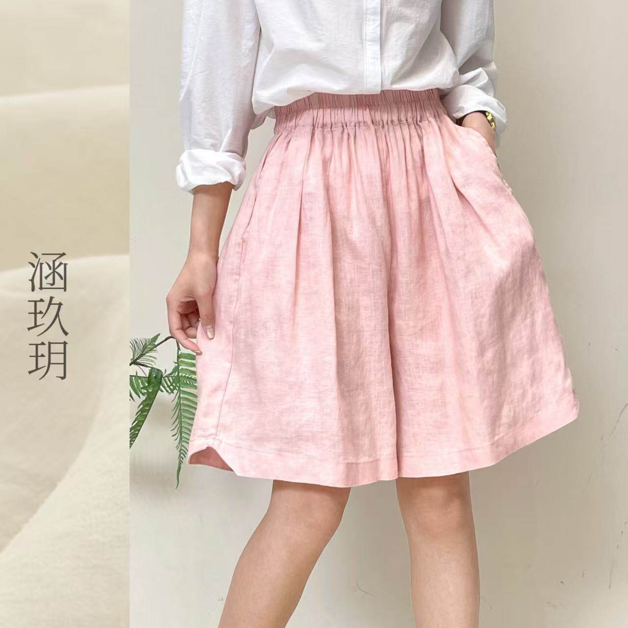 涵玖玥▪100%黄金纱雨露麻【松紧】春夏轻盈阔腿短裤丹-96663