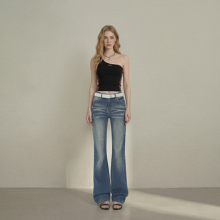 拉夏贝尔美式复古低腰微喇牛仔裤女2026年春季新款百搭显瘦喇叭裤