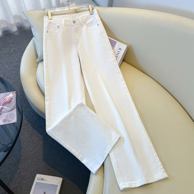 拉夏贝尔拖地窄版阔腿裤时髦白色低腰直筒牛仔裤女宽松百搭休闲裤