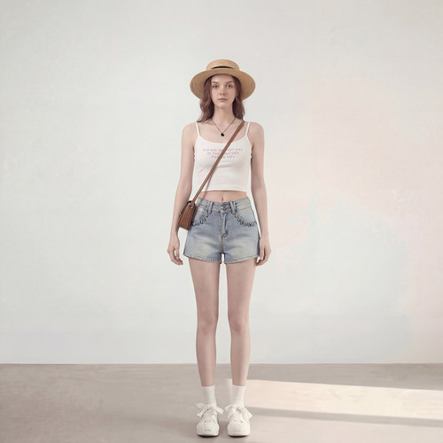 拉夏贝尔夏季修身显瘦包臀小个子热裤子浅蓝色水洗做旧牛仔短裤女