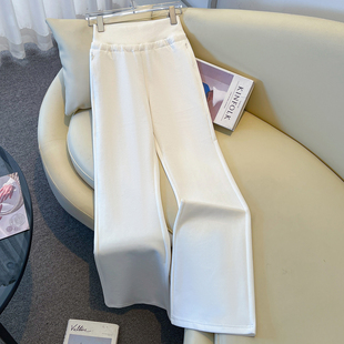 秋冬款 百搭喇叭裤 女松紧腰显瘦垂感休闲裤 拉夏贝尔白色高腰微喇裤