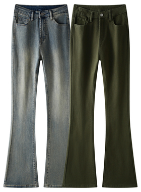 拉夏贝尔军绿色微喇牛仔裤女2025春秋新款修身喇叭裤显瘦提臀长裤