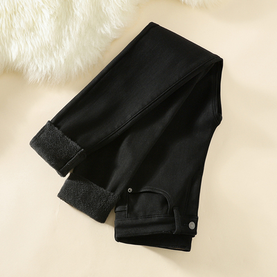 拉夏贝尔毛边紧身裤加绒保暖铅笔裤黑色牛仔小脚裤女秋冬弹力女裤
