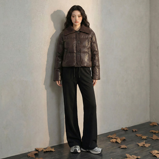 拉夏贝尔翻领拼接PU皮短款羽绒服女新款韩版保暖外套韩式宽松女装