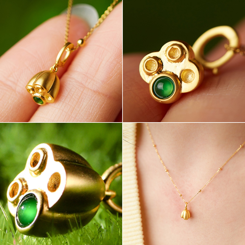 翡翠莲蓬项链吊坠耳钉小花包金