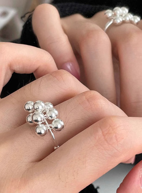 戒指通体S925纯银球球韩版开口戒