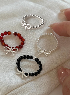 戒指通体S925纯银蝴蝶结弹力指环