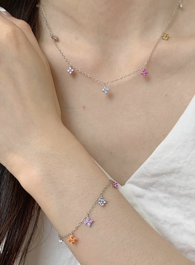 五花四叶草S925纯银彩色镶钻项链