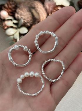 戒指通体S925纯银不规则流线珍珠