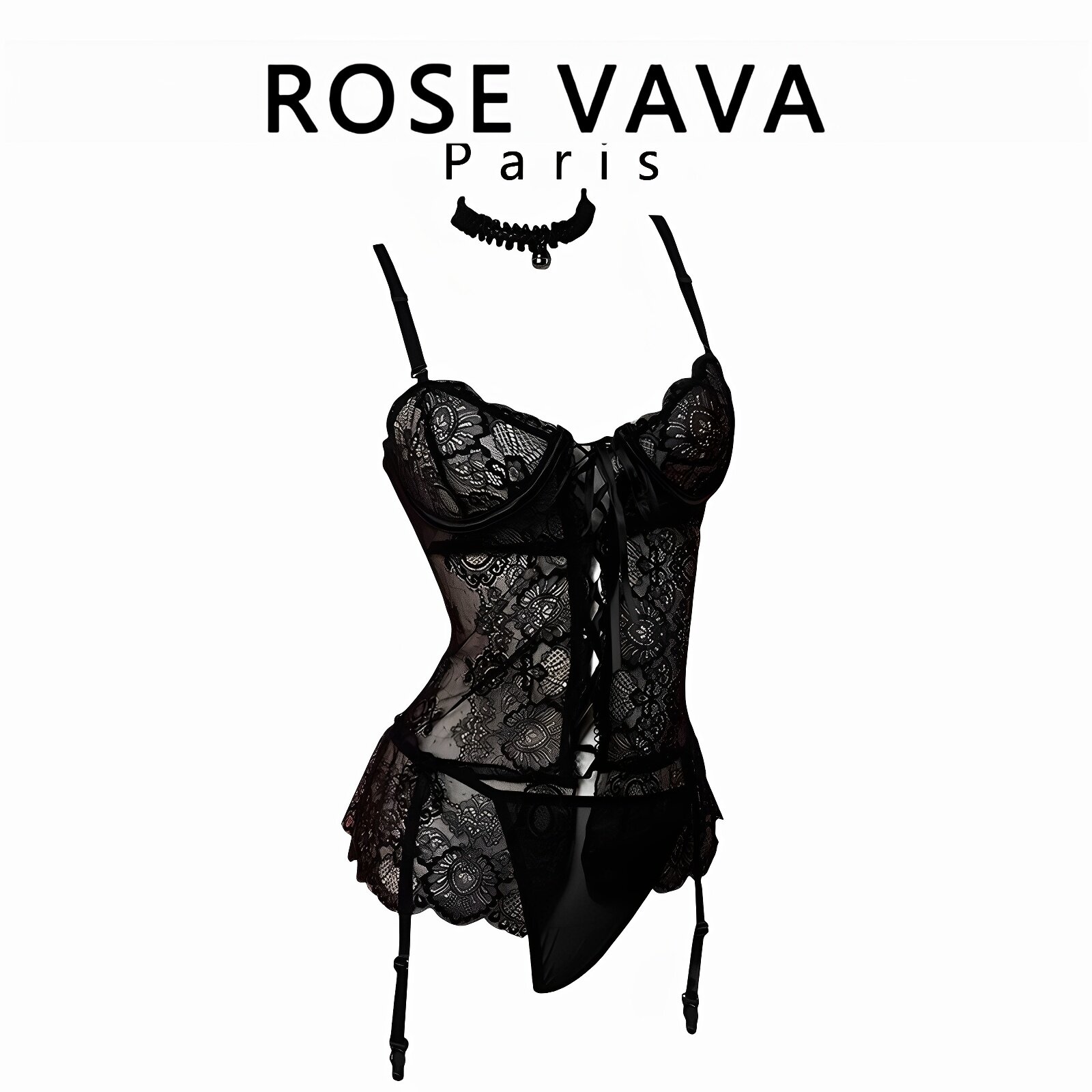 ROSE VAVA小胸聚拢性感睡裙黑色气质御姐宫廷马甲晨袍套装