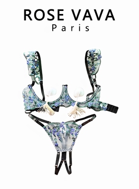 ROSE VAVA蓝色刺绣内衣套装小胸聚拢文胸露胸趣味半杯胸托奶罩