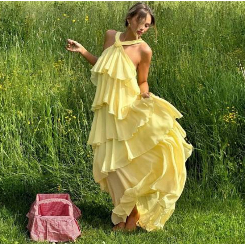 跨境欧美女装速卖通爆款立体花饰叠层雪纺连衣裙