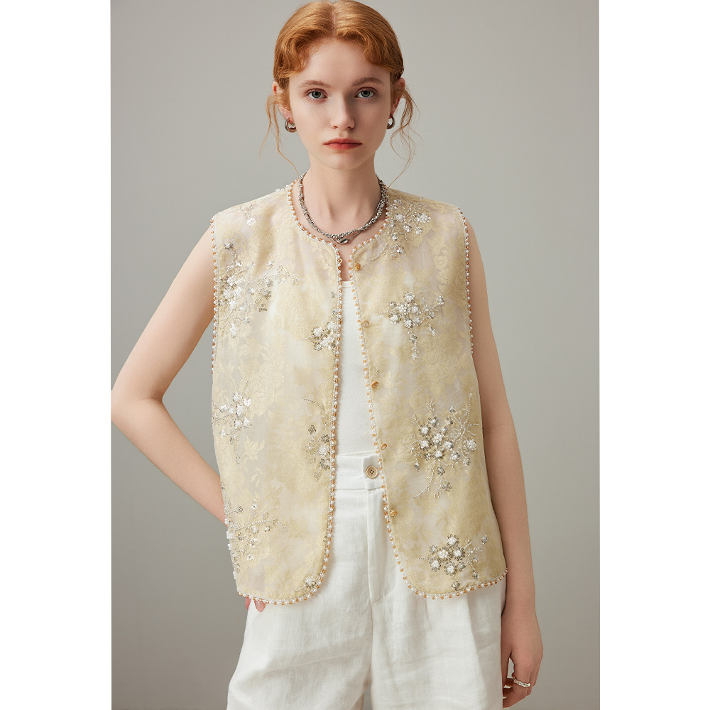 新中式重工亮片刺绣马甲女无袖薄款坎肩轻奢背心外套