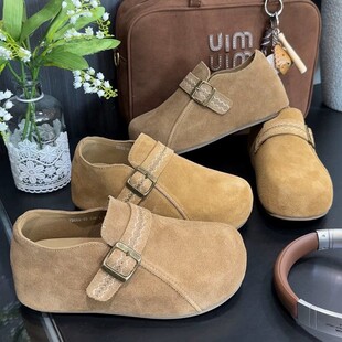 反绒皮全包勃肯鞋女平底双扣带一脚蹬软底懒人鞋休闲单鞋