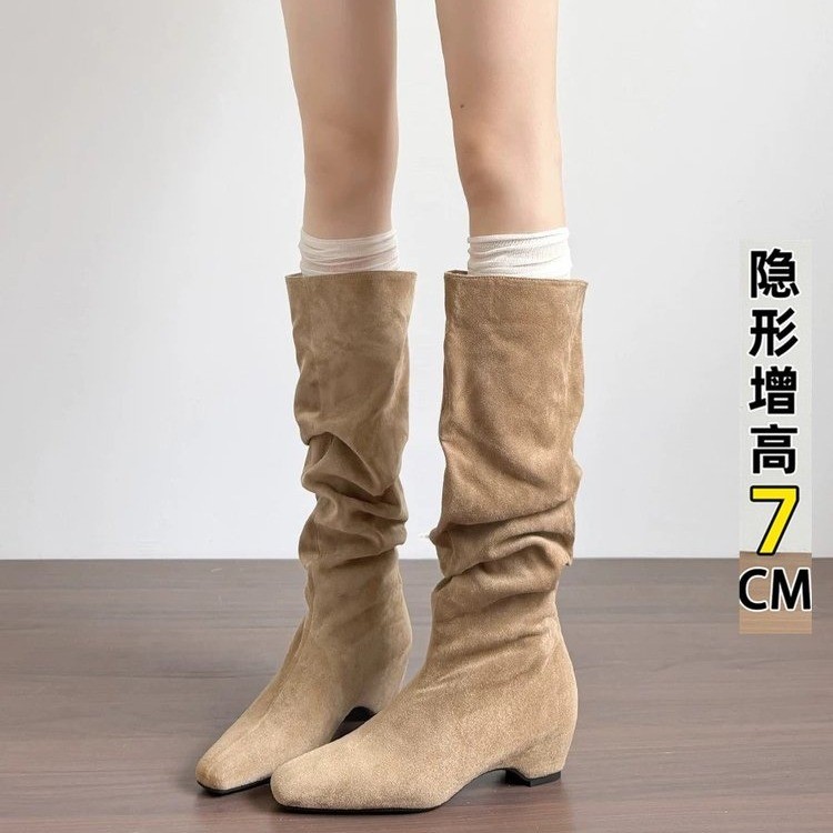 韩版方头内增高7cm堆堆女靴