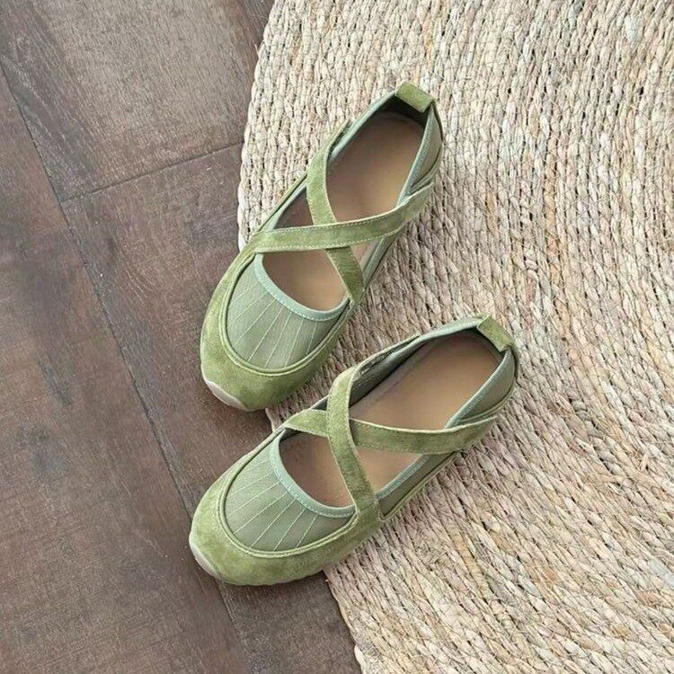 绿色绑带玛丽珍浅口软底增高单鞋