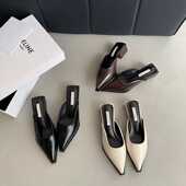 出圈粗跟尖头一脚蹬包头半拖鞋 气质高跟鞋 2025新款 法式 女 春季 时尚