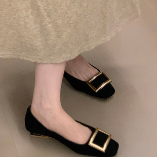 法式粗跟方头浅口单鞋女2025新款春夏季晚晚风温柔百搭黑色通勤鞋