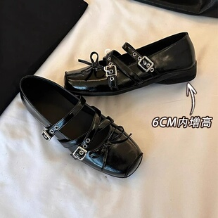 内增高方头浅口黑色小皮鞋法式复古春季交叉扣带芭蕾舞单鞋女